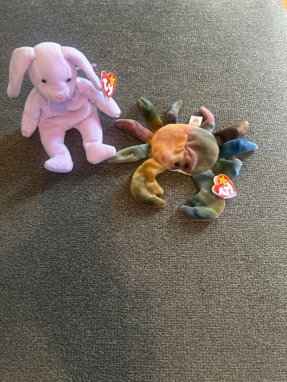 Vintage 90's Ty Floppity Bunny & Claude Crab 1996 Retro Beanie Babies